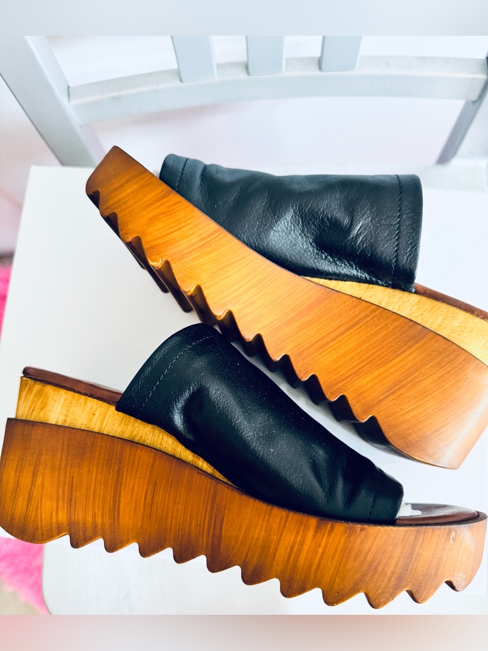 Black Leather Wedge Slide Sandals with Wooden Platform